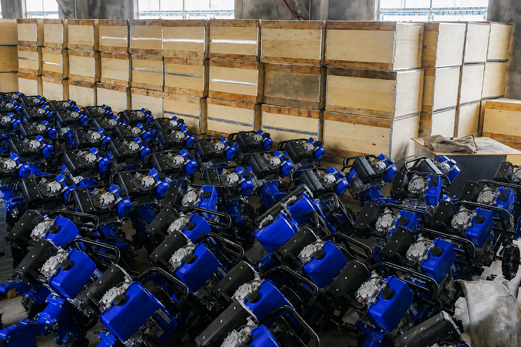 Rows of agricultural machines prepared inside the warehouse