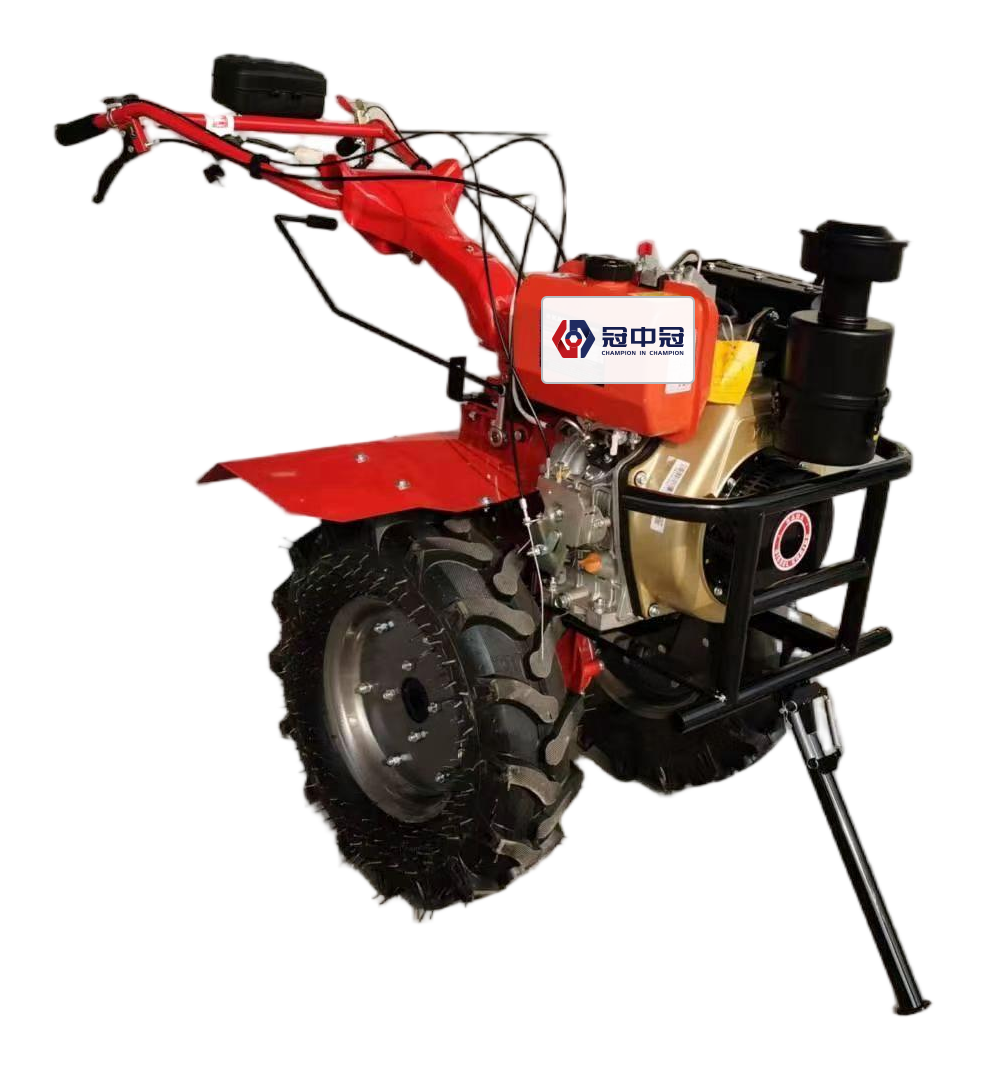 Red diesel tiller for multi-terrain field work