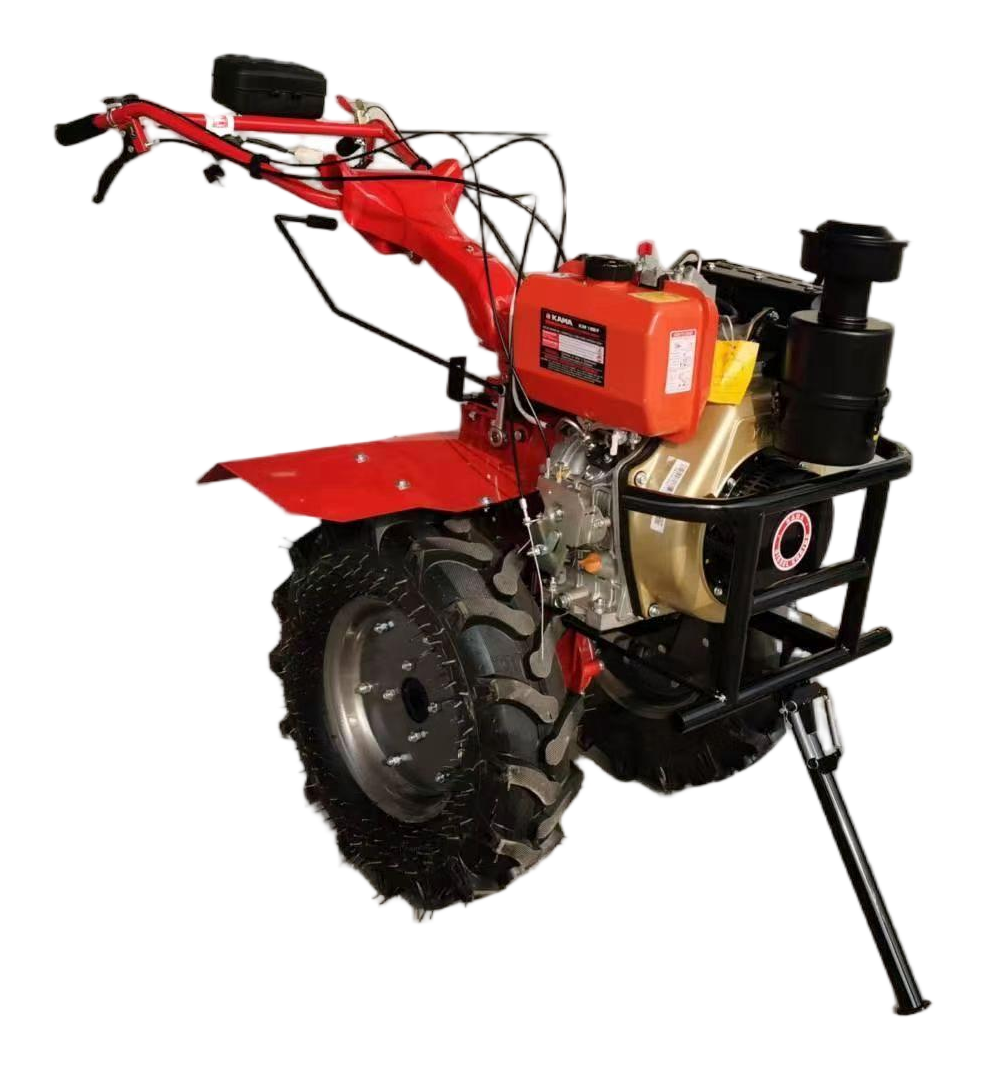 Red diesel tiller for multi-terrain field work